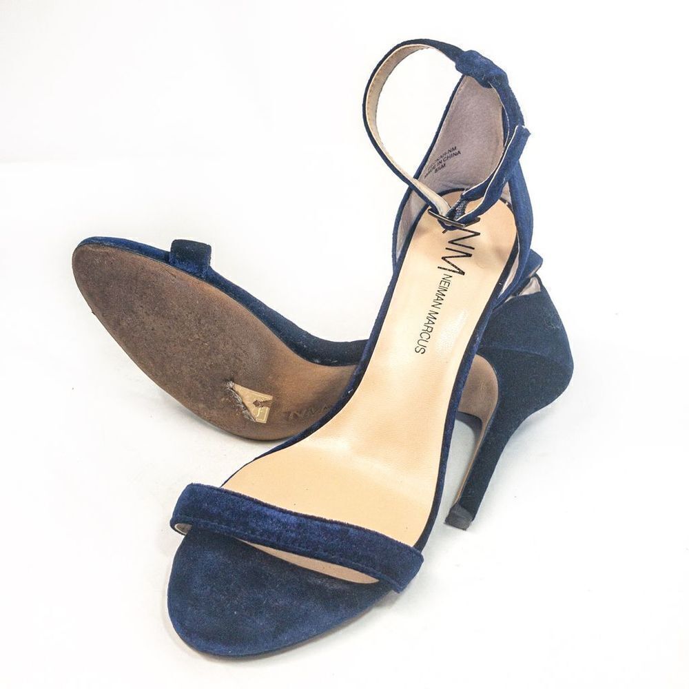 Neiman Marcus Blue Velvet Strappy Stiletto Sandals Heels Sz 8.5M - Picture 9 of 10